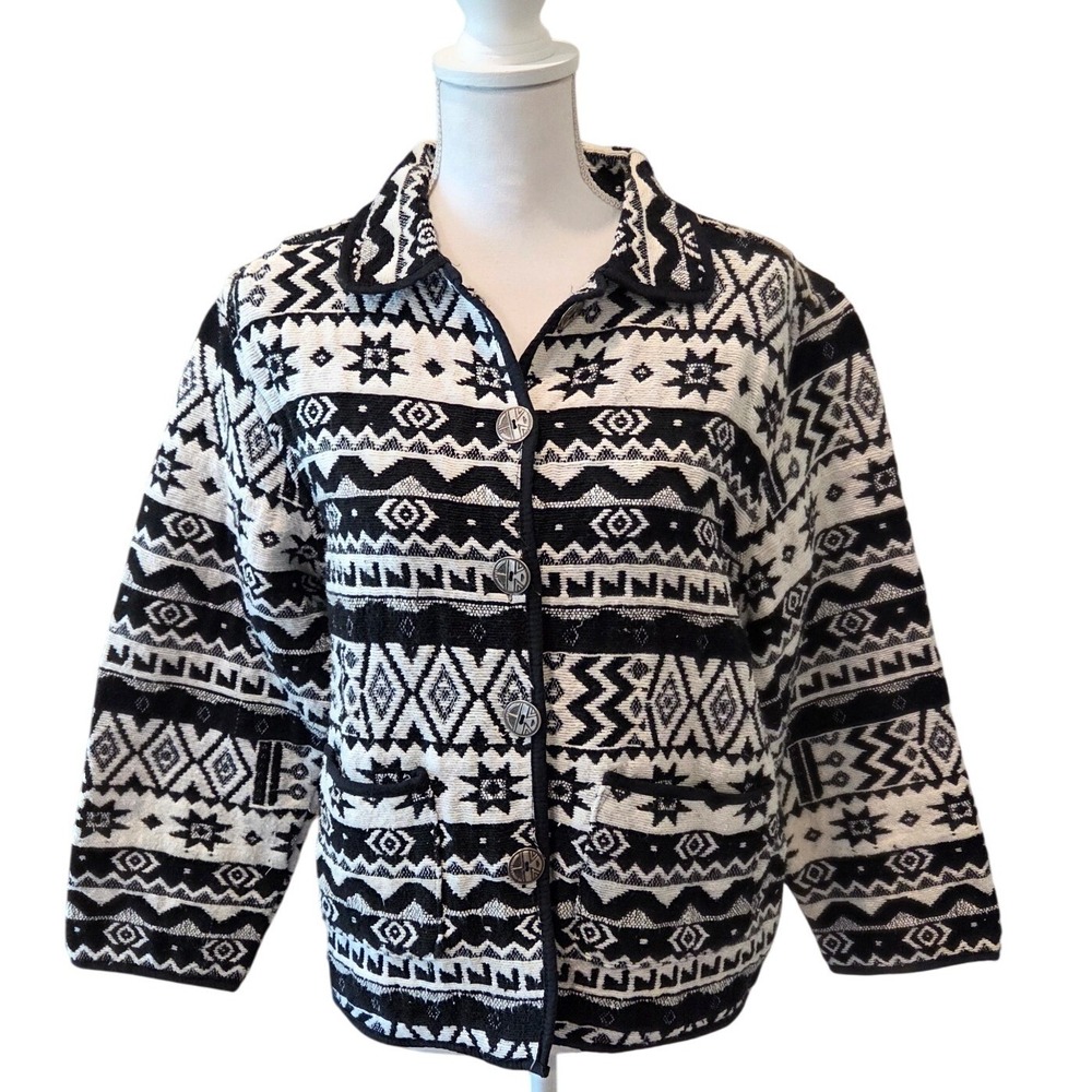 Jane Ashley Southwestern Tapestry Jacket Button Front Black White Boho Medium